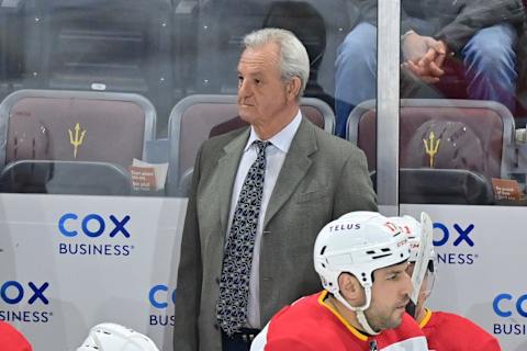 Mar 14, 2023; Tempe, Arizona, USA; Calgary Flames head coach Darryl Sutter looks on in the first period against the Arizona Coyotes at Mullett Arena. Mandatory Credit: Matt Kartozian-USA TODAY Sports