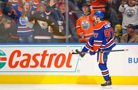 Mar 30, 2023; Edmonton, Alberta, CAN; Edmonton Oilers forward Connor McDavid (97) celebrates after scoring his 300th career goal during the third period against the Los Angeles Kings at Rogers Place. Mandatory Credit: Perry Nelson-USA TODAY Sports