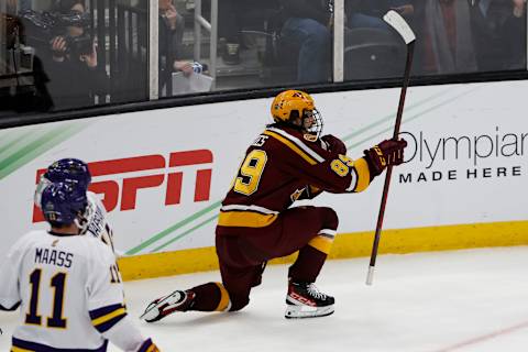 Apr 7, 2022; Boston, MA, USA; Minnesota forward Matthew Knies (89) . Mandatory Credit: Winslow Townson-USA TODAY Sports