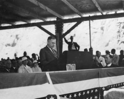 Interior Secretary Harold L. Ickes delivers his talk at the dedication of Hoover Dam.