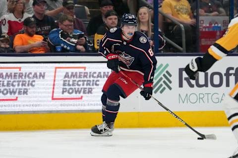 COLUMBUS, OHIO – APRIL 13: Stanislav Svozil #81 of the Columbus Blue Jackets skates with the puck during the second period against the Pittsburgh Penguins at Nationwide Arena on April 13, 2023 in Columbus, Ohio. (Photo by Jason Mowry/Getty Images)