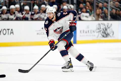 SEATTLE, WASHINGTON – JANUARY 28: Andrew Peeke #2 of the Columbus Blue Jackets skates against the Seattle Kraken during the first period at Climate Pledge Arena on January 28, 2023 in Seattle, Washington. (Photo by Steph Chambers/Getty Images)