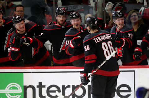 RALEIGH, NC – APRIL 18: Teuvo Teravainen #86 of the Carolina Hurricanes is congratulated by teammates after scoring a goal in Game Four of the Eastern Conference First Round against the Washington Capitals during the 2019 NHL Stanley Cup Playoffs on April 18, 2019 at PNC Arena in Raleigh, North Carolina. (Photo by Gregg Forwerck/NHLI via Getty Images)