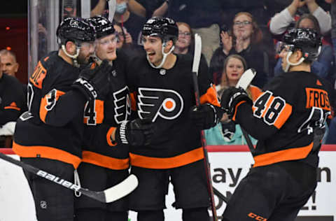 Noah Cates, Keith Yandle, Owen Tippett, and Morgan Frost, Philadelphia Flyers (Mandatory Credit: Eric Hartline-USA TODAY Sports)