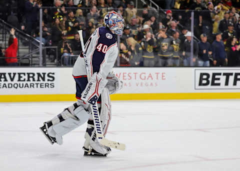 LAS VEGAS, NEVADA – MARCH 19: Daniil Tarasov #40 of the Columbus Blue Jackets leaves the ice in the second period after giving up a fifth goal to the Vegas Golden Knights during their game at T-Mobile Arena on March 19, 2023 in Las Vegas, Nevada. The Golden Knights defeated the Blue Jackets 7-2. (Photo by Ethan Miller/Getty Images)