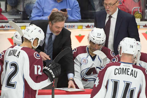 Feb 11, 2016; Ottawa, Ontario, CAN; Colorado Avalanche head coach Patrick Roy speaks with his team in the last minutes of the third period against the Ottawa Senators at the Canadian Tire Centre. The Avalanche defeated the Senators 4-3. Mandatory Credit: Marc DesRosiers-USA TODAY Sports