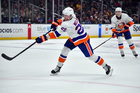 Mar 14, 2023; Los Angeles, California, USA; New York Islanders center Brock Nelson (29) shoots on goal against the Los Angeles Kings during the third period at Crypto.com Arena. Mandatory Credit: Gary A. Vasquez-USA TODAY Sports