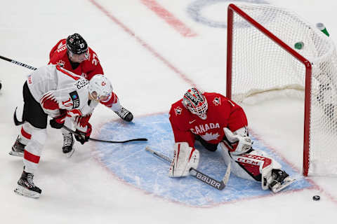 Goaltender Devon Levi #1 of Canada. (Photo by Codie McLachlan/Getty Images)