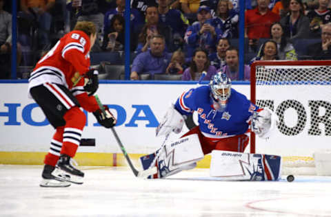 TAMPA, FL – JANUARY 27: Patrick Kane #88 of the Chicago Blackhawks shoots on Henrik Lundqvist #30 of the New York Rangers during the GEICO NHL Save Streak during the 2018 GEICO NHL All-Star Skills Competition at Amalie Arena on January 27, 2018, in Tampa, Florida. (Photo by Bruce Bennett/Getty Images)