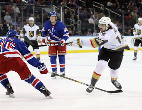 NEW YORK, NEW YORK – DECEMBER 02: Nicolas Hague #14 of the Vegas Golden Knights skates against the New York Rangers at Madison Square Garden on December 02, 2019 in New York City. The Golden Knights defeated the Rangers 4-1. (Photo by Bruce Bennett/Getty Images)