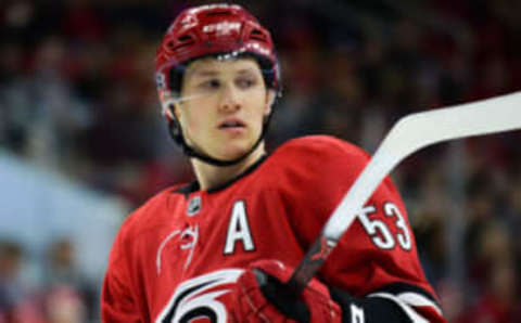 RALEIGH, NC – JANUARY 12: Carolina Hurricanes Left Wing Jeff Skinner (53) skates during a game between the Washington Capitals and the Carolina Hurricanes at the PNC Arena in Raleigh, NC on January 12, 2018. Washington defeated Carolina 4-3. (Photo by Greg Thompson/Icon Sportswire via Getty Images)