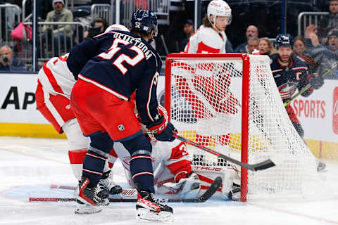 Nov 19, 2022; Columbus, Ohio, USA; Columbus Blue Jackets center Emil Bemstrom (52) scores a goal against Detroit Red Wings goalie Ville Husso (35) during the second period at Nationwide Arena. Mandatory Credit: Russell LaBounty-USA TODAY Sports