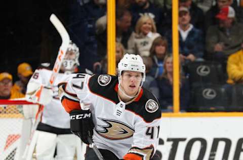 NASHVILLE, TN – MARCH 8: Hampus Lindholm #47 of the Anaheim Ducks skates against the Nashville Predators during an NHL game at Bridgestone Arena on March 8, 2018, in Nashville, Tennessee. (Photo by John Russell/NHLI via Getty Images)