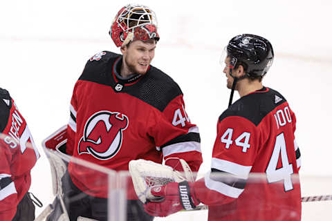 New Jersey Devils goaltender Akira Schmid (40): Vincent Carchietta-USA TODAY Sports