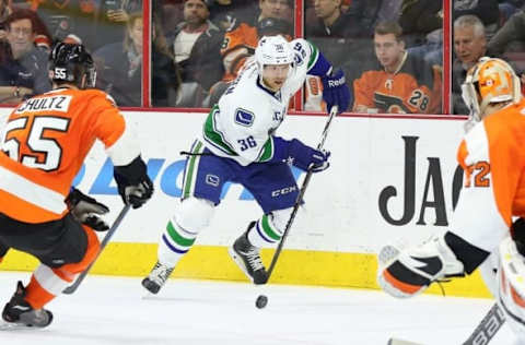 Jan 15, 2015; Philadelphia, PA, USA; Vancouver Canucks right wing Jannik Hansen (36) skates in on Philadelphia Flyers goalie Rob Zepp (72) and defenseman Nick Schultz (55) during the third period at Wells Fargo Center. The Canucks defeated the Flyers 4-0. Mandatory Credit: Bill Streicher-USA TODAY Sports