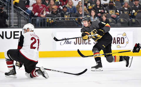 LAS VEGAS, NEVADA – DECEMBER 28: Cody Glass #9 of the Vegas Golden Knights shoots the puck during the third period against the Arizona Coyotes at T-Mobile Arena on December 28, 2019 in Las Vegas, Nevada. (Photo by Jeff Bottari/NHLI via Getty Images)