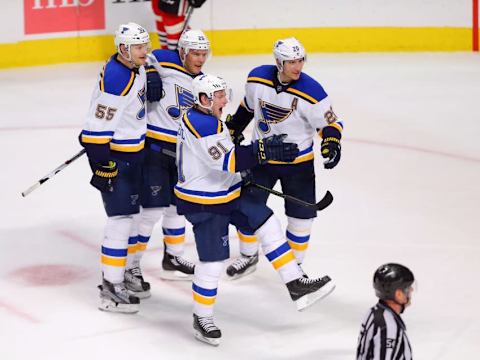 Apr 7, 2016; Chicago, IL, USA; St. Louis Blues right wing Vladimir Tarasenko (91) celebrates scoring a goal during the third period against the Chicago Blackhawks at the United Center. St. Louis won 2-1 in overtime. Mandatory Credit: Dennis Wierzbicki-USA TODAY Sports