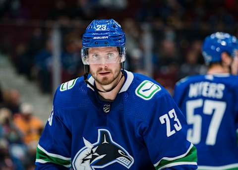 Oct 5, 2021; Vancouver, British Columbia, CAN; Vancouver Canucks defenseman Oliver Ekman-Larsson (23) skates against the Seattle Kraken in the second period at Rogers Arena. Mandatory Credit: Bob Frid-USA TODAY Sports