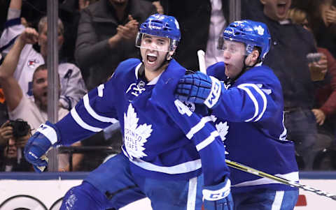 TORONTO, ON – FEBRUARY, 18 In second period action, Toronto Maple Leafs center Nazem Kadri (43, on left) celebrates his goal, with Toronto Maple Leafs defenseman Morgan Rielly (44) the Leafs second.The Toronto Maple Leafs took on the Ottawa Senators in NHL hockey action at the Air Canada Centre (ACC) in Toronto.February 18, 2017 Richard Lautens/Toronto Star (Richard Lautens/Toronto Star via Getty Images)