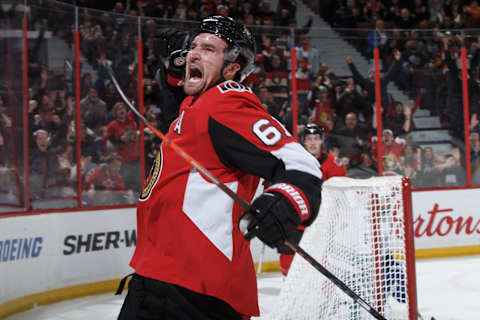 OTTAWA, ON – JANUARY 2: Mark Stone #61 of the Ottawa Senators celebrates his late third period game-tying goal against the Vancouver Canucks at Canadian Tire Centre on January 2, 2019 in Ottawa, Ontario, Canada. (Photo by Andre Ringuette/NHLI via Getty Images)