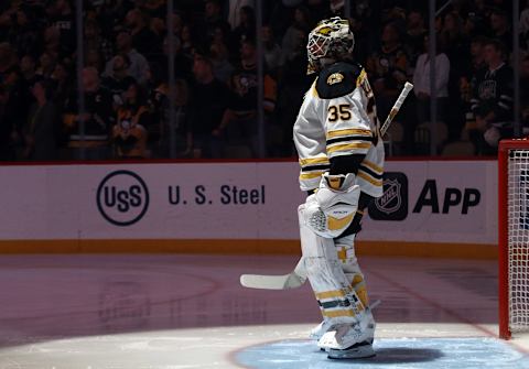 Nov 1, 2022; Pittsburgh, Pennsylvania, USA; Boston Bruins goaltender Linus Ullmark (35) stands during player introductions before the game against the Pittsburgh Penguins at PPG Paints Arena. Mandatory Credit: Charles LeClaire-USA TODAY Sports