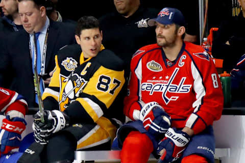 Sidney Crosby (87), Pittsburgh Penguins and Alex Ovechkin (8), Washington Capitals (Photo by Bruce Bennett/Getty Images)