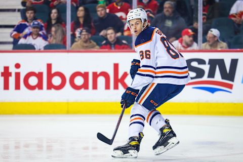 Mar 7, 2022; Calgary, Alberta, CAN; Edmonton Oilers defenseman Philip Broberg (86) skates during the first period against the Calgary Flames at Scotiabank Saddledome. Mandatory Credit: Sergei Belski-USA TODAY Sports