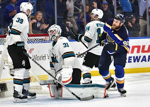 ST. LOUIS, MO – MAY 21: St. Louis Blues center Ryan O’Reilly (90) reacts after a goal by St. Louis Blues center Tyler Bozak (21) in the third period during game six of the NHL Western Conference Final between the San Jose Sharks and the St. Louis Blues, on May 21, 2019, at Enterprise Center, St. Louis, Mo. (Photo by Keith Gillett/Icon Sportswire via Getty Images)