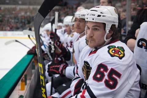 Feb 6, 2016; Dallas, TX, USA; Chicago Blackhawks center Andrew Shaw (65) watches his team take on the Dallas Stars at the American Airlines Center. The Blackhawks defeat the Stars 5-1. Mandatory Credit: Jerome Miron-USA TODAY Sports