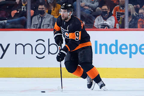 PHILADELPHIA, PENNSYLVANIA – DECEMBER 18: Ivan Provorov #9 of the Philadelphia Flyers skates with the puck against the Ottawa Senators during his 400th career game at Wells Fargo Center on December 18, 2021, in Philadelphia, Pennsylvania. (Photo by Tim Nwachukwu/Getty Images)