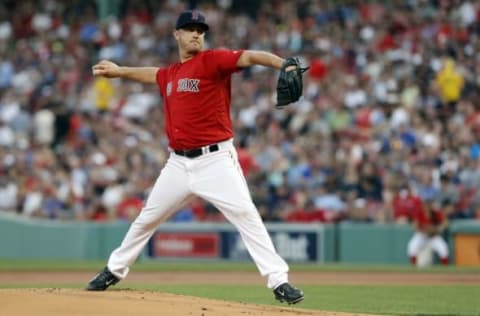 Aug 26, 2016; Boston, MA, USA; Boston Red Sox starting pitcher Steven Wright (35) throws a pitch against the Kansas City Royals in the first inning at Fenway Park. Mandatory Credit: David Butler II-USA TODAY Sports