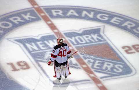 Akira Schmid #40 of the New Jersey Devils. (Photo by Bruce Bennett/Getty Images)