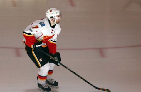 Feb 7, 2017; Pittsburgh, PA, USA; Calgary Flames defenseman TJ Brodie (7) takes the ice for warm-ups against the Pittsburgh Penguins at the PPG PAINTS Arena. Mandatory Credit: Charles LeClaire-USA TODAY Sports