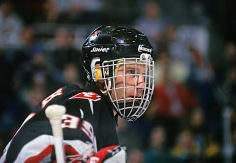 Mar 10, 1998; Uniondale, NY, USA; FILE PHOTO; Buffalo Sabres goalie Dominik Hasek (39) on the ice against the New York Islanders at Nassau Veterans Memorial Coliseum. Mandatory Credit: Lou Capozzola-USA TODAY NETWORK