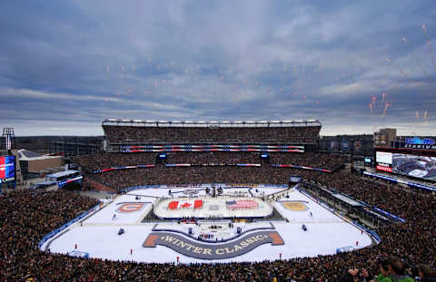 Jan 1, 2016; Foxborough, MA, USA; A general view of Gillette Stadium during the National Anthem before the Winter Classic hockey game at Gillette Stadium. Mandatory Credit: Greg M. Cooper-USA TODAY Sports