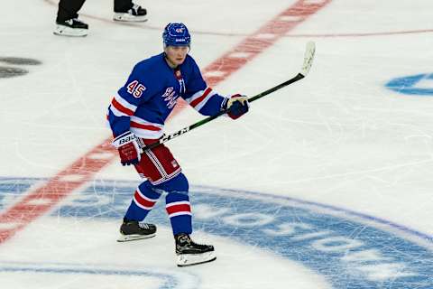 NEW YORK, NY – SEPTEMBER 26: New York Rangers right wing Kaapo Kakko (45) skates during the NHL Preseason game between the Philadelphia Flyers and New York Rangers on September 26, 2019 at Madison Square Garden in New York, NY (Photo by John Jones/Icon Sportswire via Getty Images)