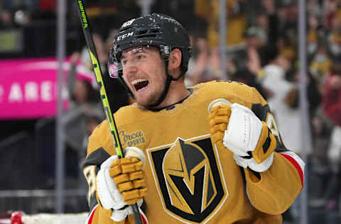 Mar 5, 2023; Las Vegas, Nevada, USA; Vegas Golden Knights center Ivan Barbashev (49) celebrates after scoring a goal against the Montreal Canadiens during the first period at T-Mobile Arena. Mandatory Credit: Stephen R. Sylvanie-USA TODAY Sports