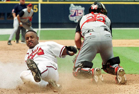 Brian Jordan of the Atlanta Braves. (Photo by STEVE SCHAEFER/AFP via Getty Images)