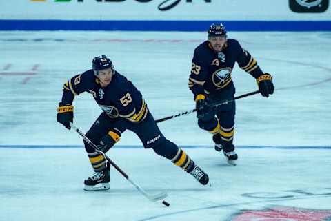 CLINTON, NY – SEPTEMBER 25: Buffalo Sabers Left Wing Jeff Skinner (53) advances the puck with Buffalo Sabers Center Sam Reinhart (23) trailing during the first period of the Columbus Blue Jackets versus the Buffalo Sabers preseason game on September 25, 2018, at Clinton Arena in Clinton, New York. (Photo by Gregory Fisher/Icon Sportswire via Getty Images)