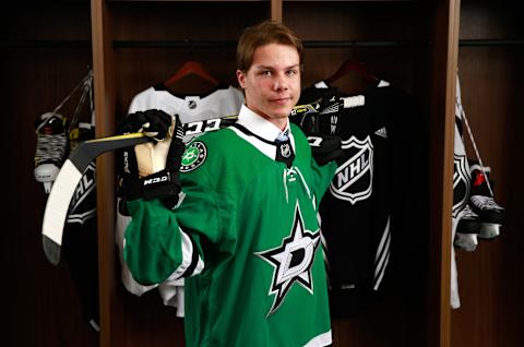 CHICAGO, IL – JUNE 23: Miro Heiskanen, third overall pick of the Dallas Stars, poses for a portrait during Round One of the 2017 NHL Draft at United Center on June 23, 2017 in Chicago, Illinois. (Photo by Jeff Vinnick/NHLI via Getty Images)