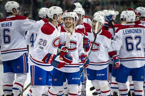 NHL Power Rankings: The Montreal Canadiens celebrate the win over the Dallas Stars at the American Airlines Center. The Canadiens defeat the Stars 4-3 in overtime. Mandatory Credit: Jerome Miron-USA TODAY Sports