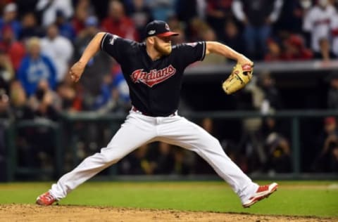 Oct 14, 2016; Cleveland, OH, USA; Cleveland Indians relief pitcher Cody Allen throws a pitch against the Toronto Blue Jays in the 9th inning in game one of the 2016 ALCS playoff baseball series at Progressive Field. Mandatory Credit: Ken Blaze-USA TODAY Sports