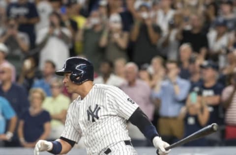 New York Yankees designated hitter Alex Rodriguez (13) hits an RBI double in the first inning on Friday, August 13, 2016. New York Yankees designated hitter Alex Rodriguez went 1-4 with a double and an RBI in his last game with the Yankees. The New York Yankees defeated the Tampa Bay Rays at Yankee Stadium in the Bronx, NY on August 12, 2016.