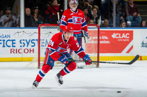 KELOWNA, BC – MARCH 03: Ty Smith #24 of the Spokane Chiefs skates with the puck against the Kelowna Rockets at Prospera Place on March 3, 2018, in Kelowna, Canada. (Photo by Marissa Baecker/Getty Images)