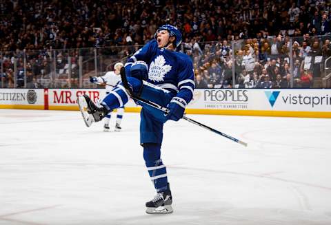 TORONTO, ON – APRIL 4: Mitch Marner #16 of the Toronto Maple Leafs celebrates his goal against the Tampa Bay Lightning during the first period at the Scotiabank Arena on April 4, 2019 in Toronto, Ontario, Canada. (Photo by Mark Blinch/NHLI via Getty Images)