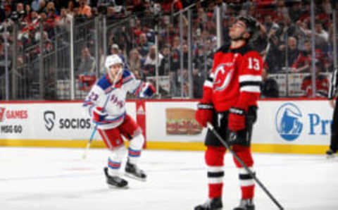 NEWARK, NEW JERSEY – APRIL 18: h23 celebrates a first-period powerplay goal by Michael McLeod #20 (not shown) against Nico Hischier #13 and the New Jersey Devils of Game One in the First Round of the 2023 Stanley Cup Playoffs at the Prudential Center on April 18, 2023, in Newark, New Jersey. (Photo by Bruce Bennett/Getty Images)