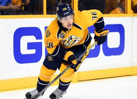 Apr 21, 2016; Nashville, TN, USA; Nashville Predators left winger Viktor Arvidsson (38) skates with the puck during the first period against the Anaheim Ducks in game four of the first round of the 2016 Stanley Cup Playoffs at Bridgestone Arena. Mandatory Credit: Christopher Hanewinckel-USA TODAY Sports