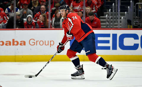 WASHINGTON, DC – JANUARY 13: Capitals defenseman John Carlson (74) looks for a pass during the Carolina Hurricanes vs. Washington Capitals NHL game on January 13, 2020 at Capital One Arena in Washington, D.C.. (Photo by Randy Litzinger/Icon Sportswire via Getty Images)