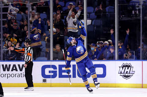 Mar 23, 2022; Buffalo, New York, USA; Buffalo Sabres right wing Alex Tuch (89) celebrates his game winning goal in a shootout against the Pittsburgh Penguins at KeyBank Center. Mandatory Credit: Timothy T. Ludwig-USA TODAY Sports