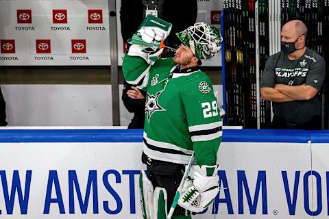 Jake Oettinger #29 of the Dallas Stars. (Photo by Bruce Bennett/Getty Images)